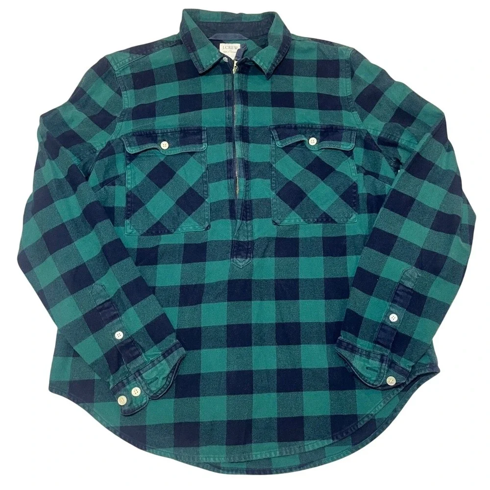 J.Crew Womens Small Flannel Half-Zip Pullover Long Sleeve Shirt Plaid Green Blue